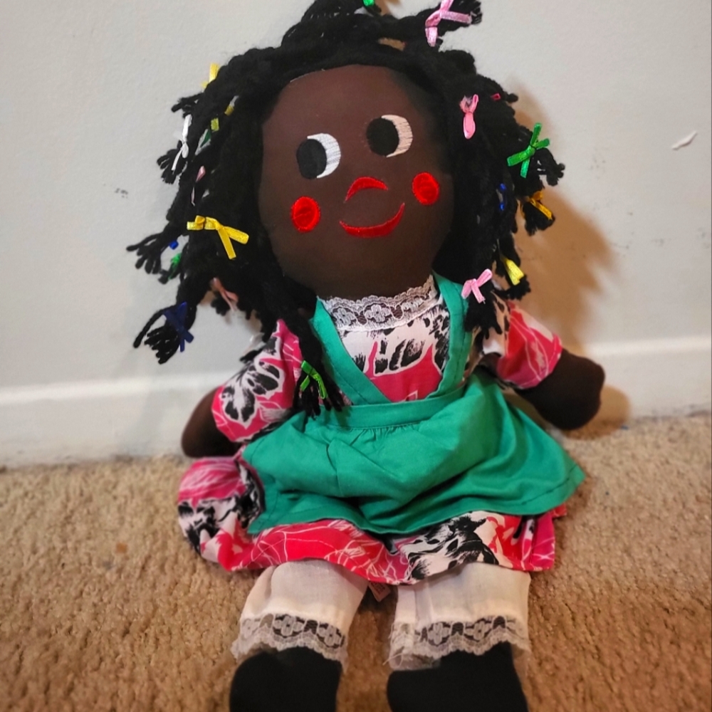 Vintage Gambina Black AA Cloth Rag Doll with Braids & Bows Embroidered Features